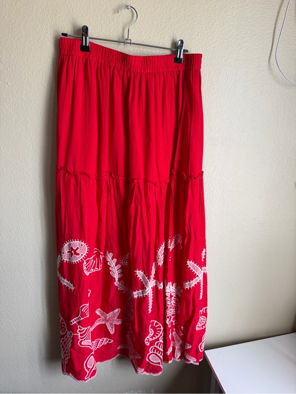 Red Tiered Maxi Skirt with White Sea-Inspired Embroidery